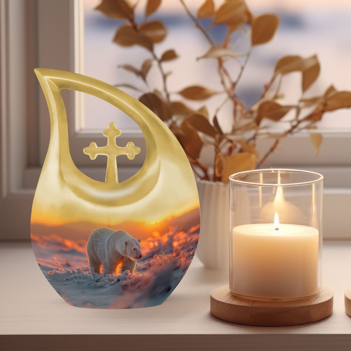 10 inch Polar Bear urn with cross-drop design for human ashes