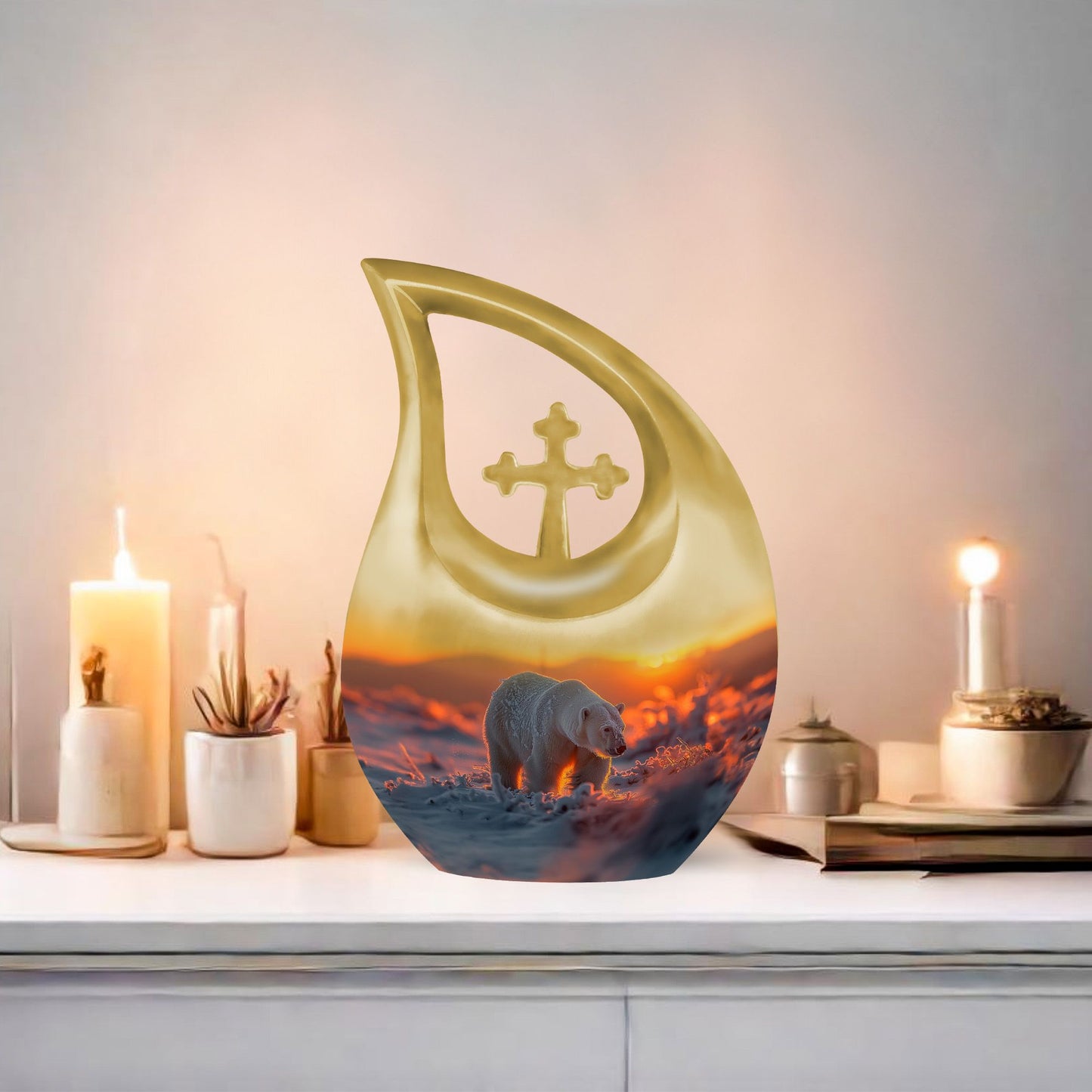 10 inch Polar Bear urn with cross-drop design for human ashes
