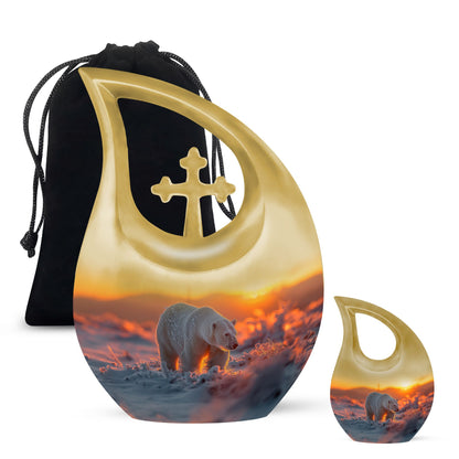 10 inch Polar Bear urn with cross-drop design for human ashes