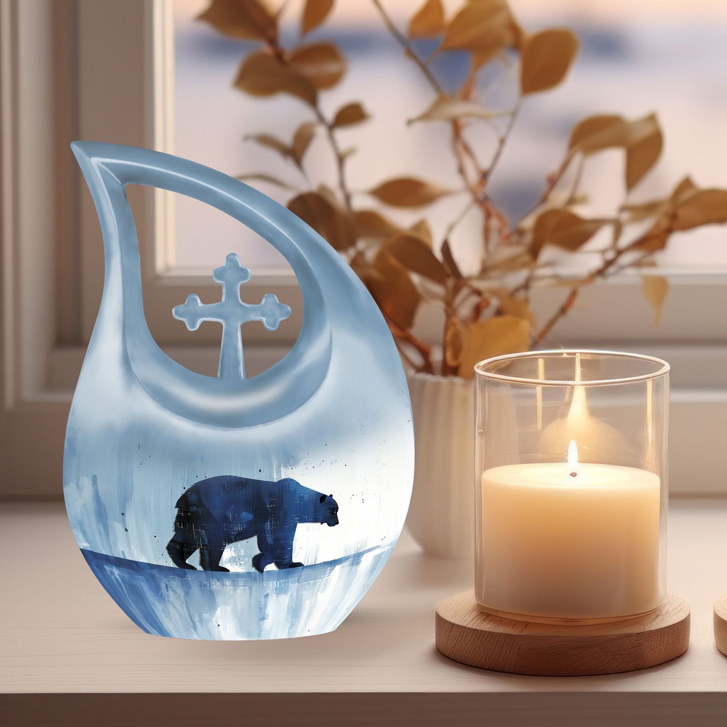 10-inch Polar Bear Urn with Cross Drop Design
