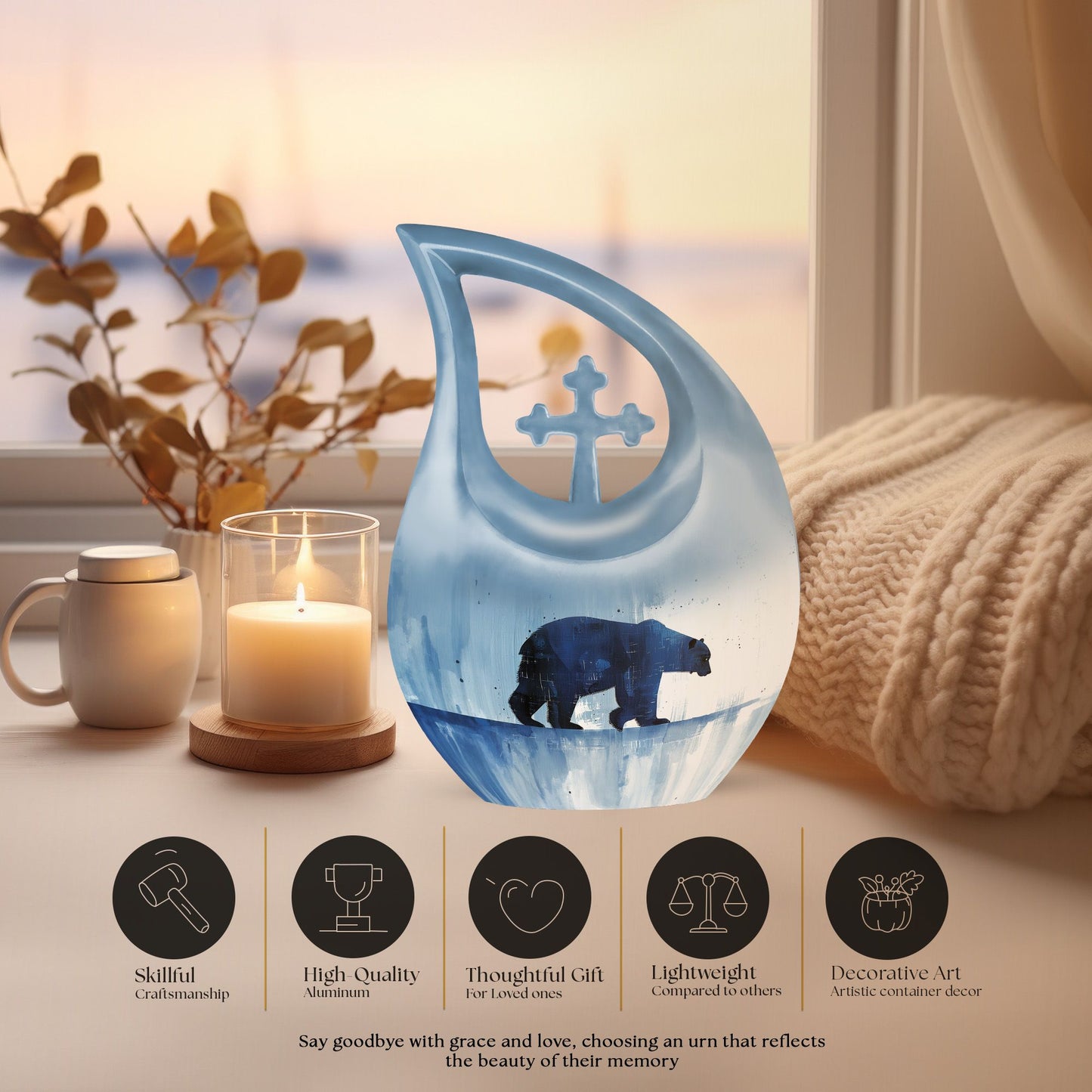 10-inch Polar Bear Urn with Cross Drop Design