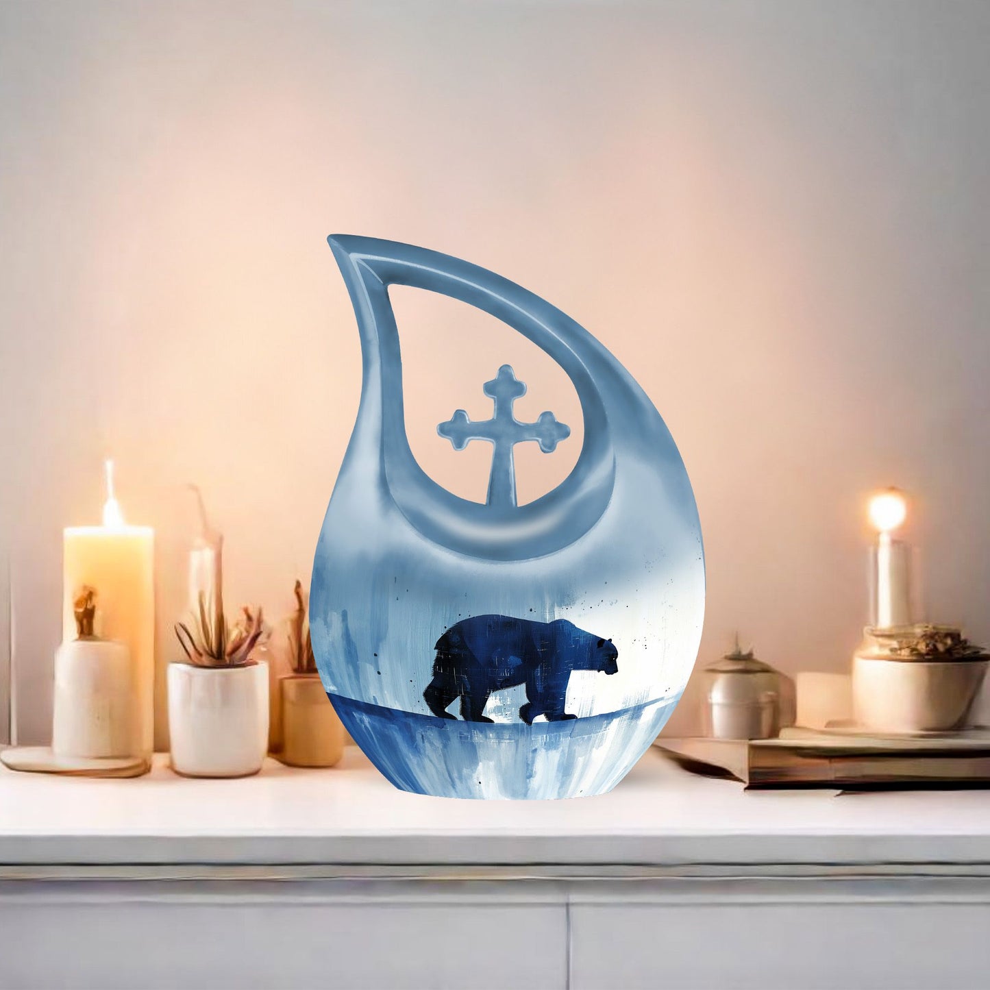 10-inch Polar Bear Urn with Cross Drop Design