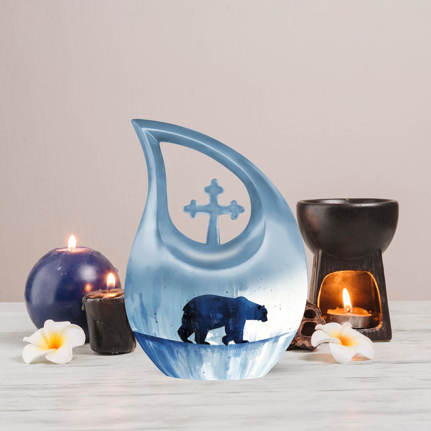 10-inch Polar Bear Urn with Cross Drop Design