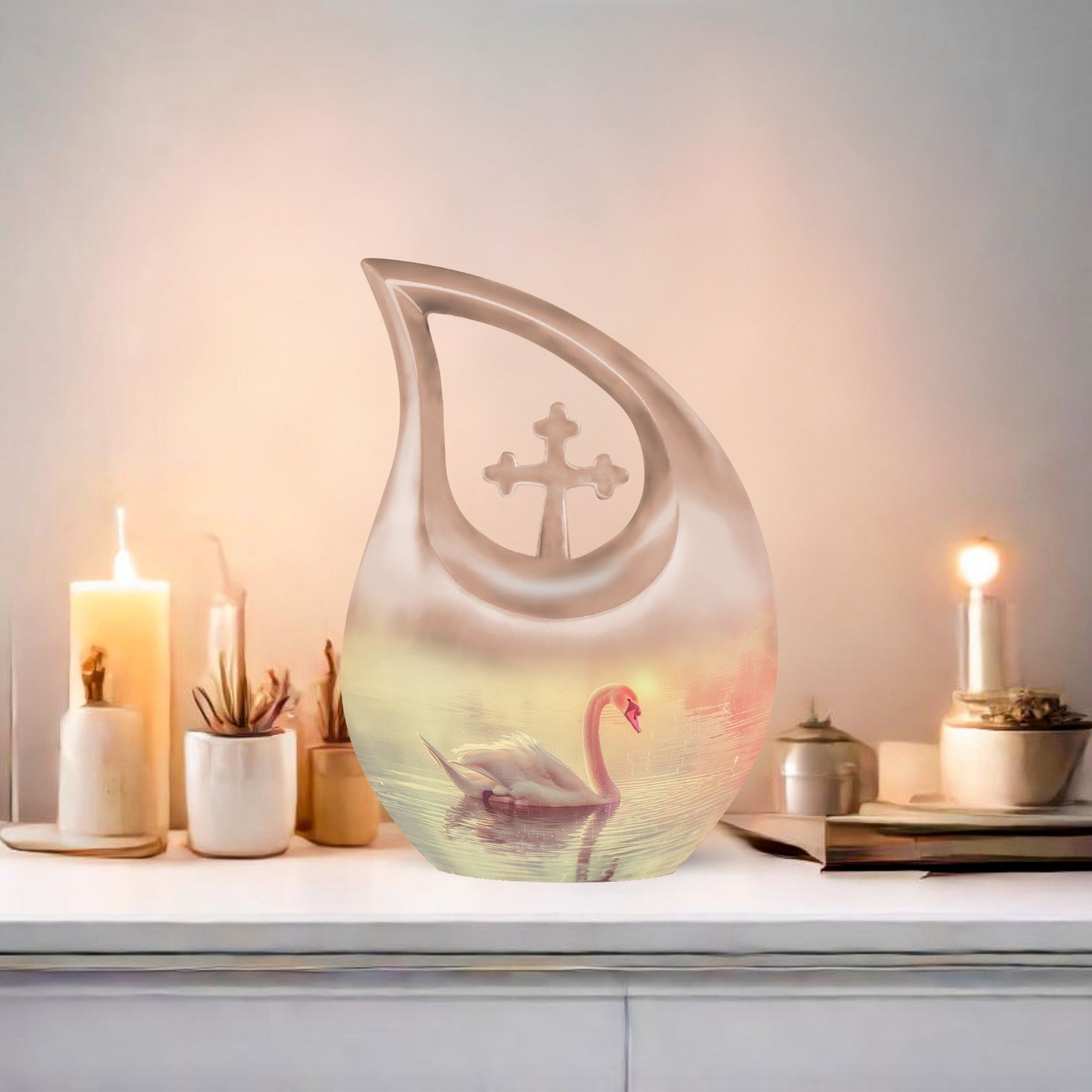 Affordable Swan Urn with Cross Drop design