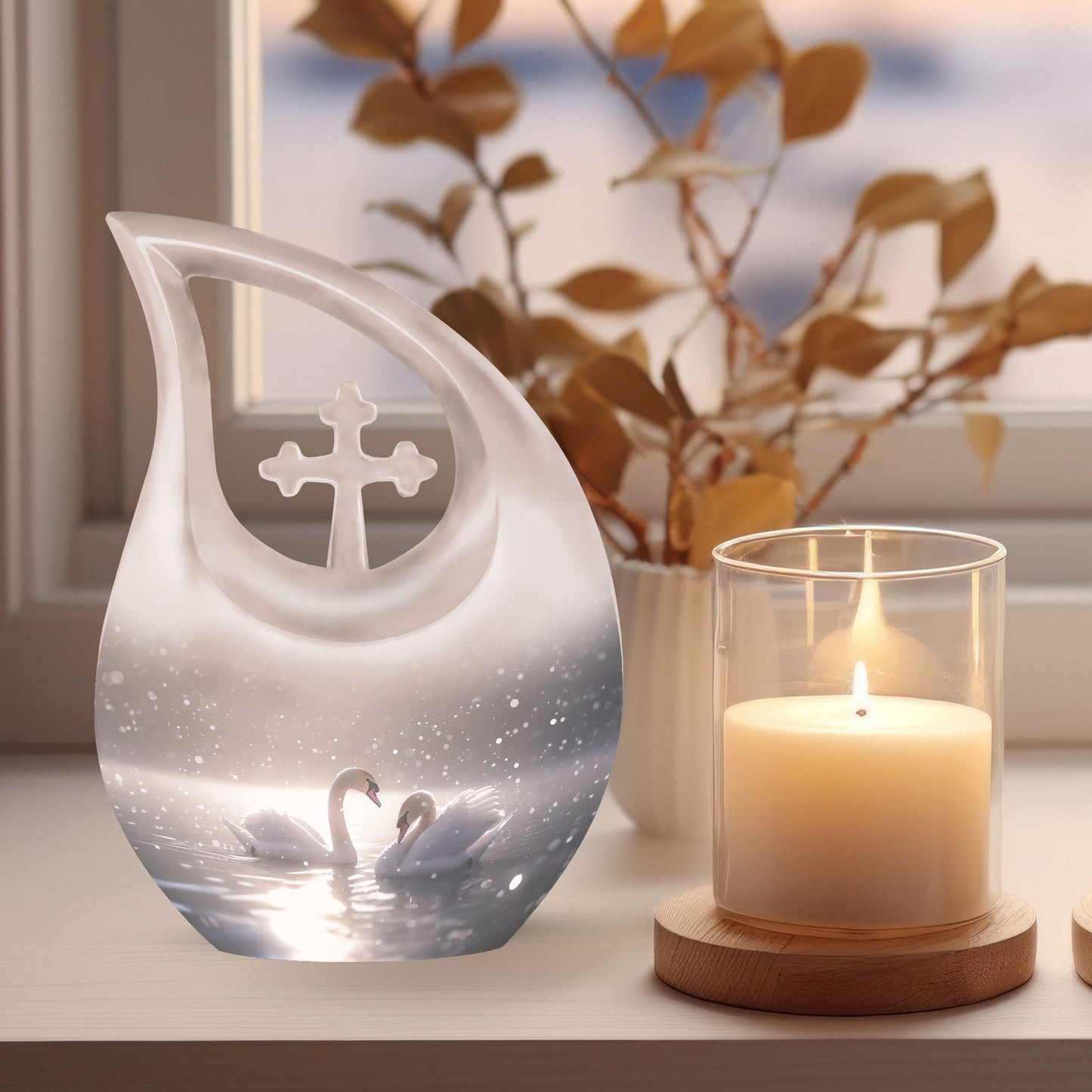 10-inch Swan Urn with Cross Drop Design