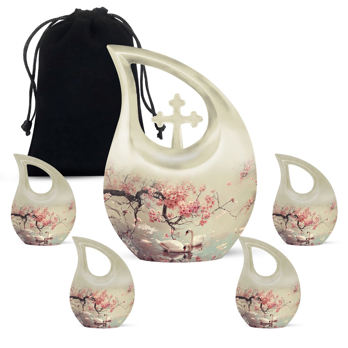 Swan Theme Large Urn With 4 Keepsake Urn