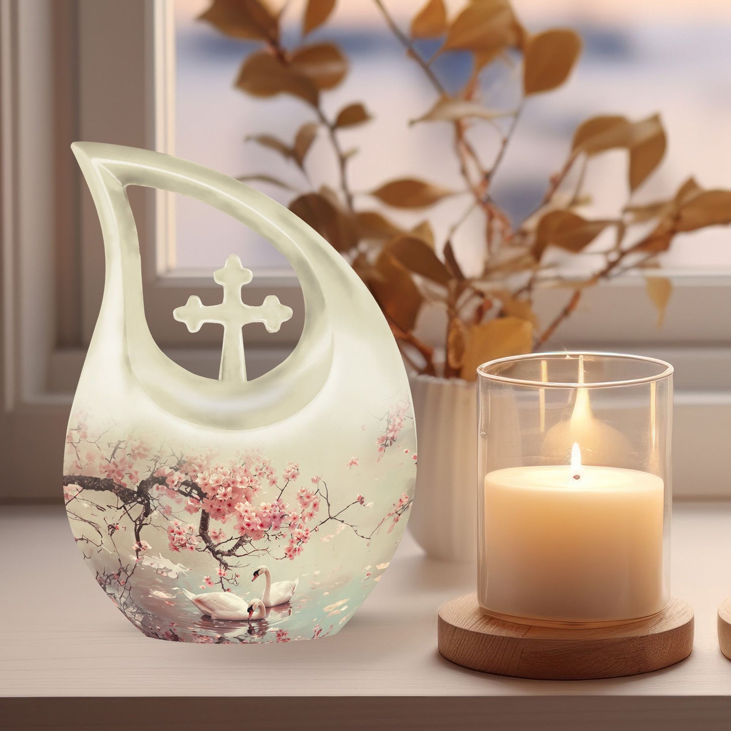 10 Inch Aluminum Swan Urn with Cross Drop Design
