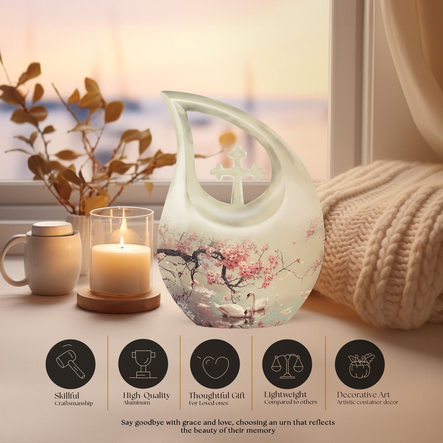 10 Inch Aluminum Swan Urn with Cross Drop Design