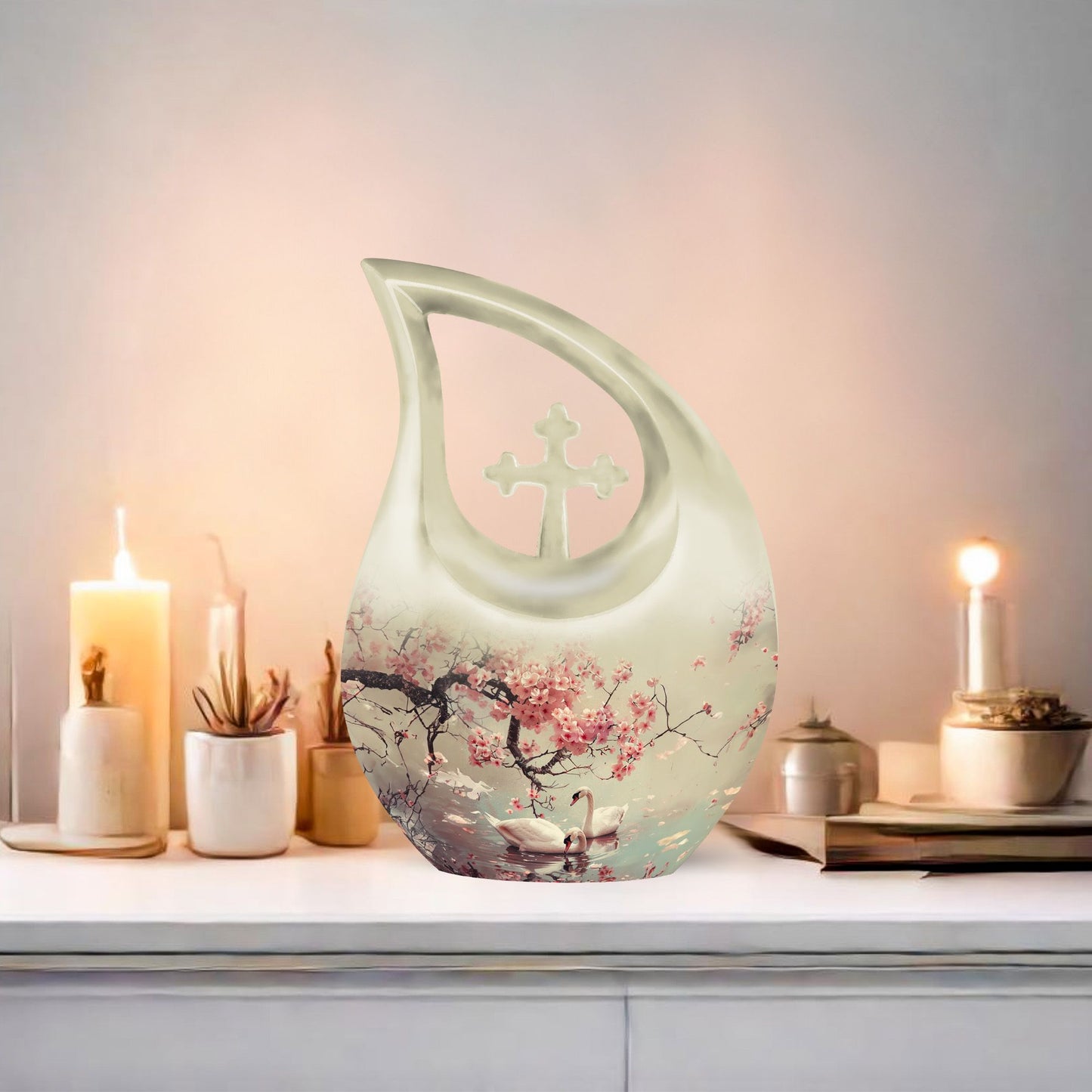 10 Inch Aluminum Swan Urn with Cross Drop Design