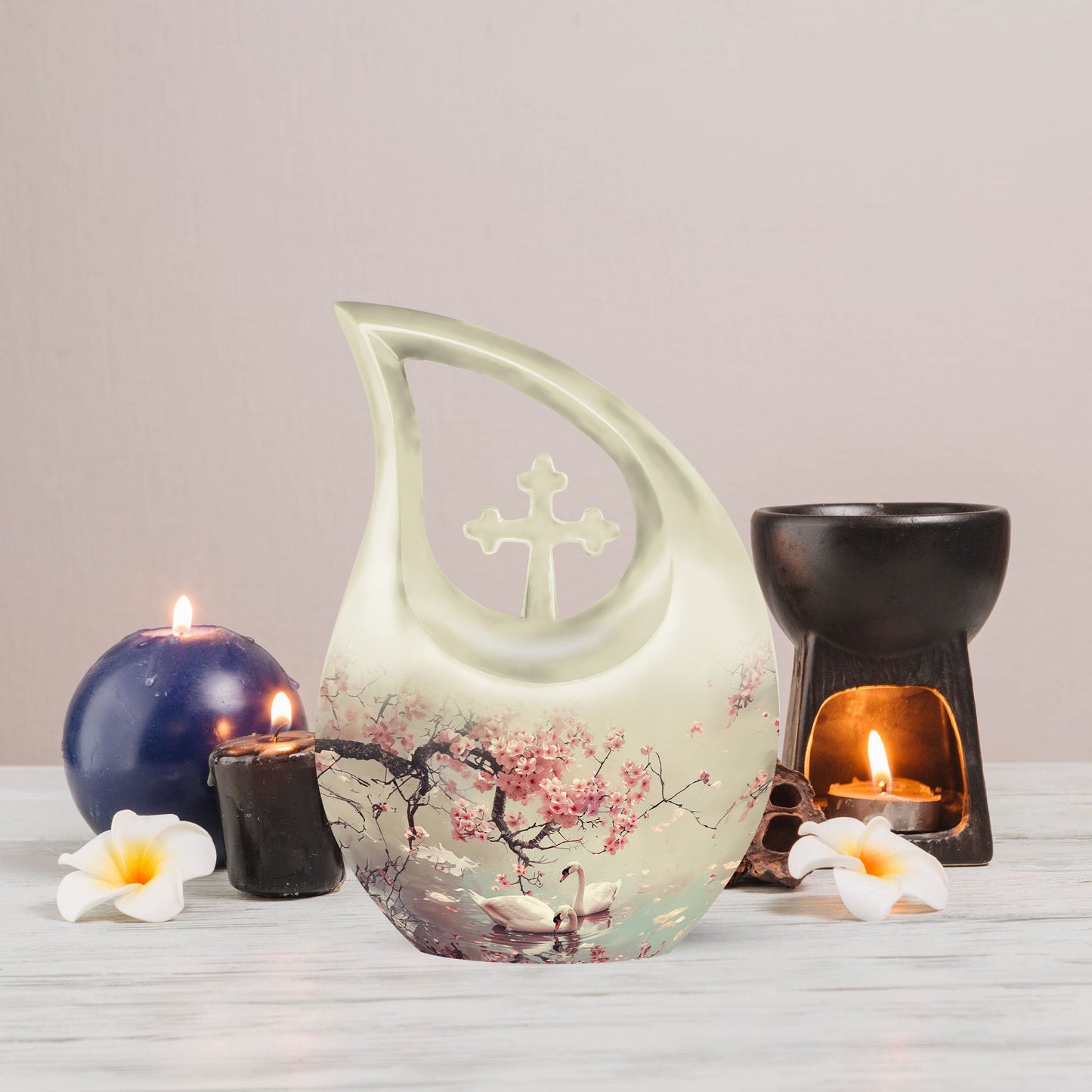 10 Inch Aluminum Swan Urn with Cross Drop Design