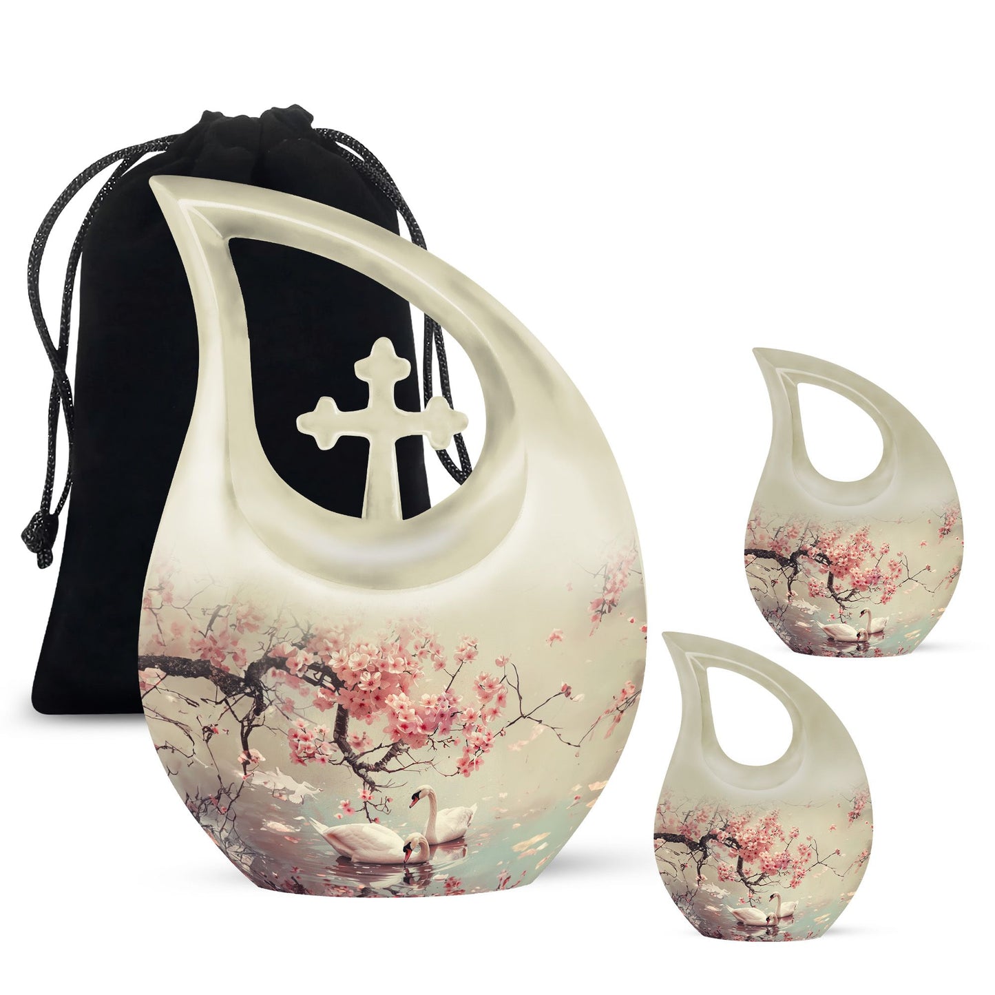 Swan Theme Large Urn With 2 Keepsake Urn