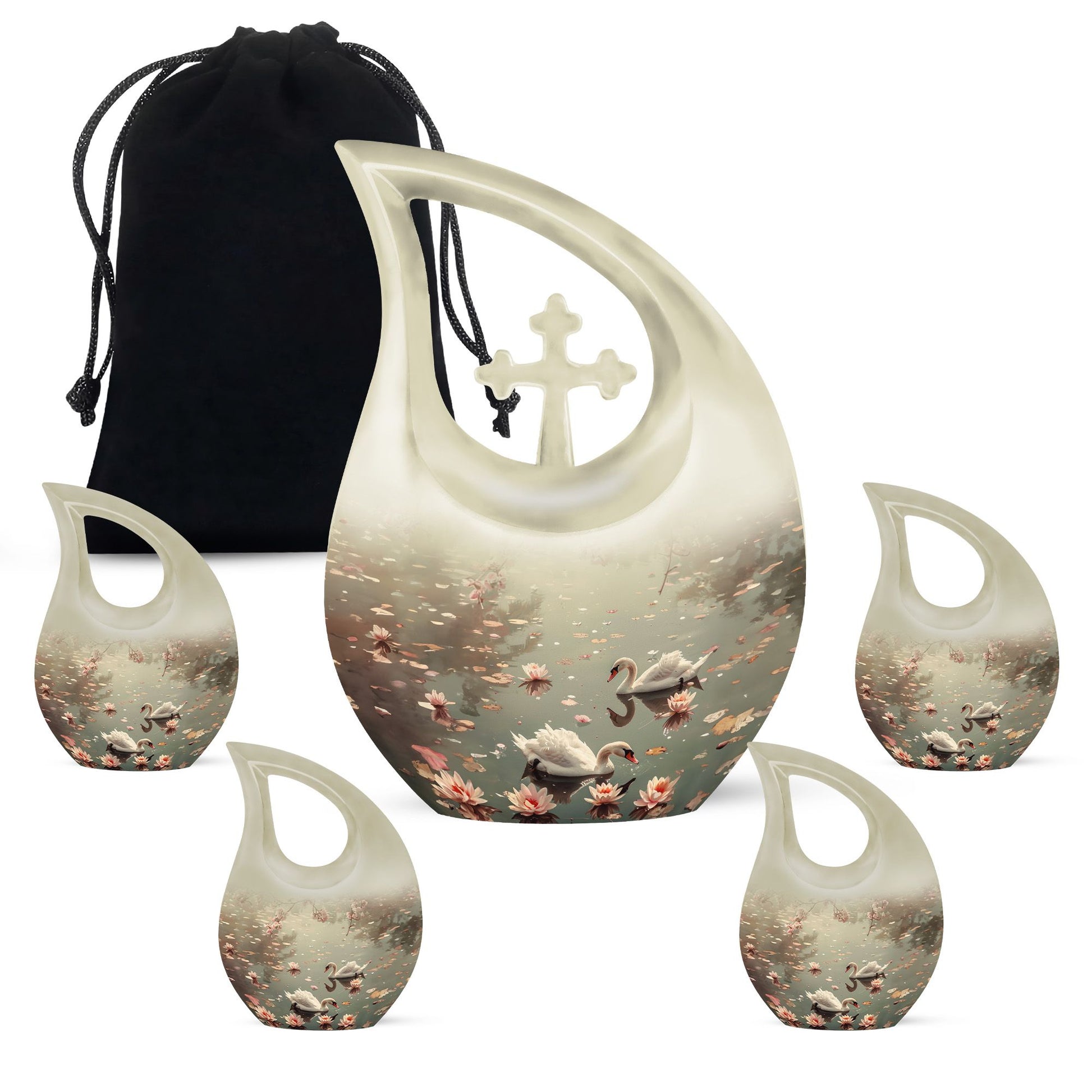 10-inch Swan Urn with a Cross Drop design for ashes