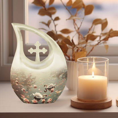 10-inch Swan Urn with a Cross Drop design for ashes