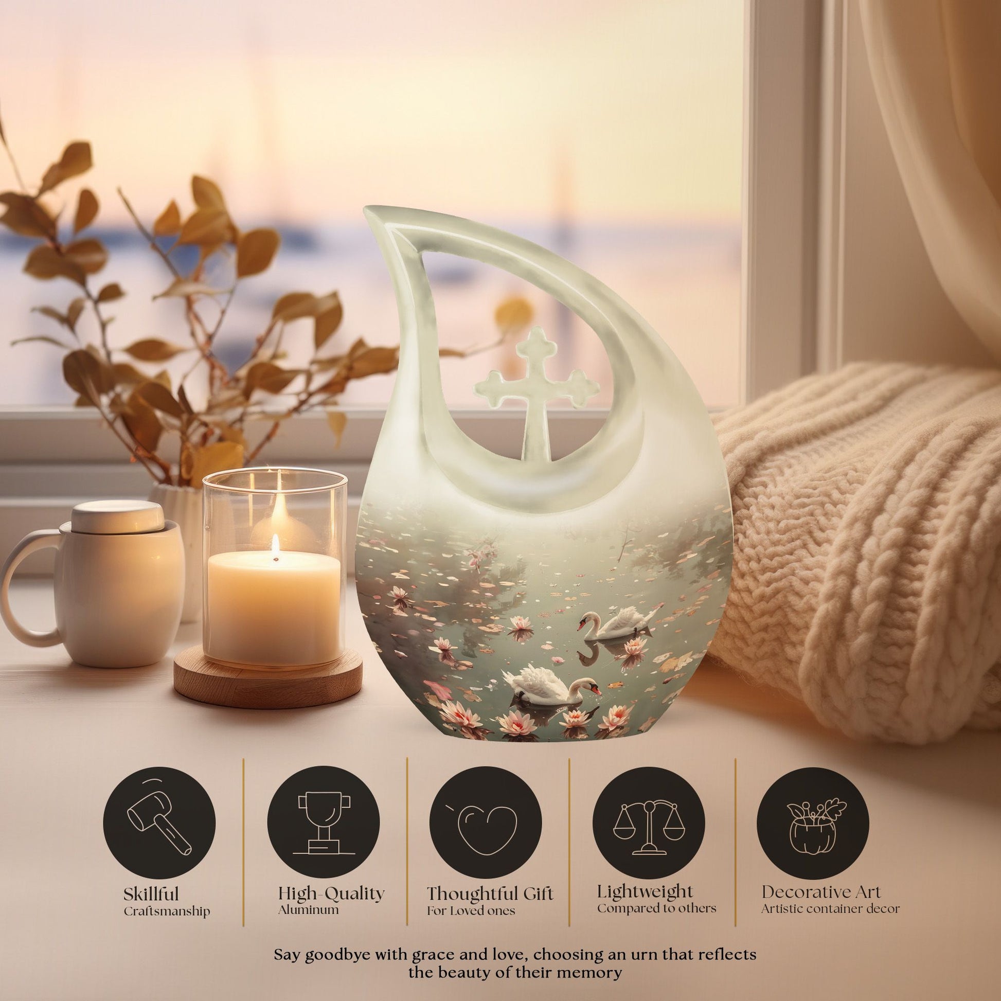 10-inch Swan Urn with a Cross Drop design for ashes