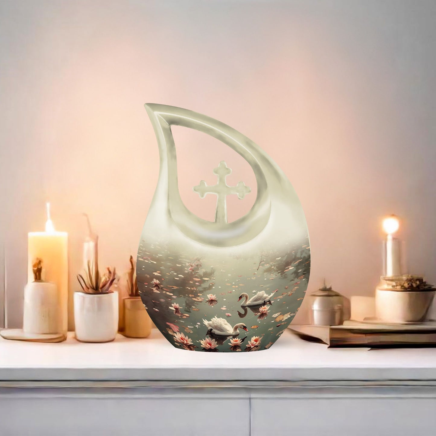 10-inch Swan Urn with a Cross Drop design for ashes