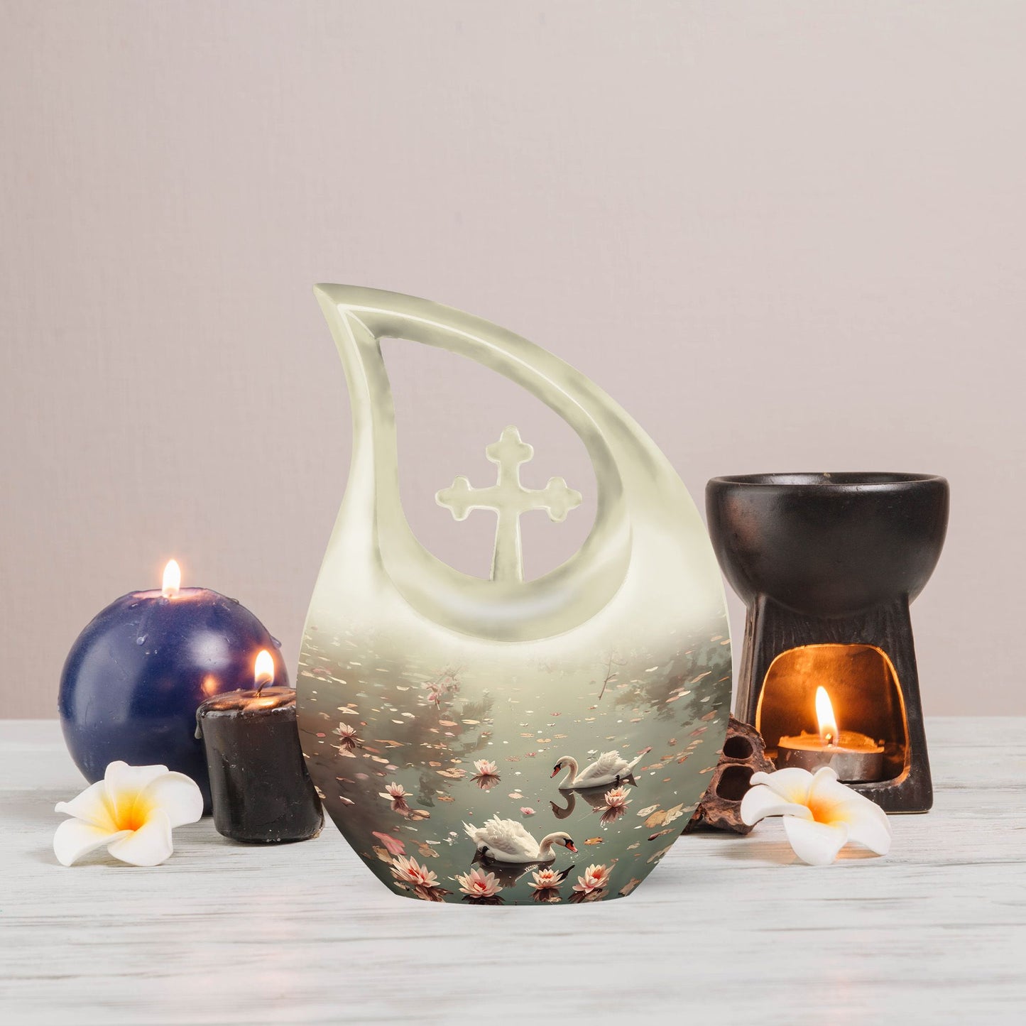 10-inch Swan Urn with a Cross Drop design for ashes