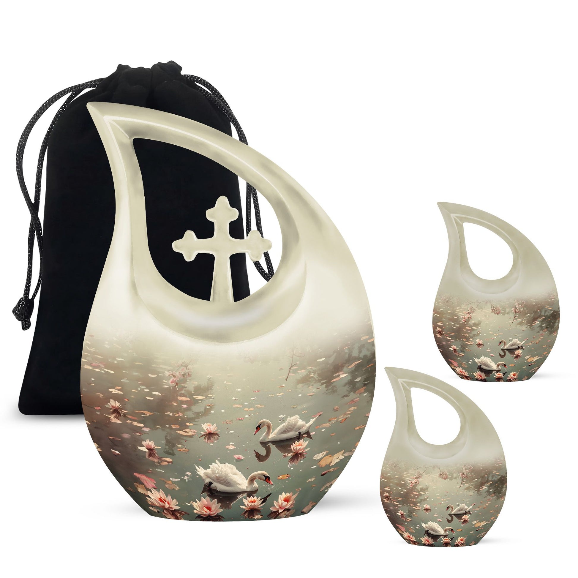 Swan Theme Large Urn With 2 Keepsake Urn