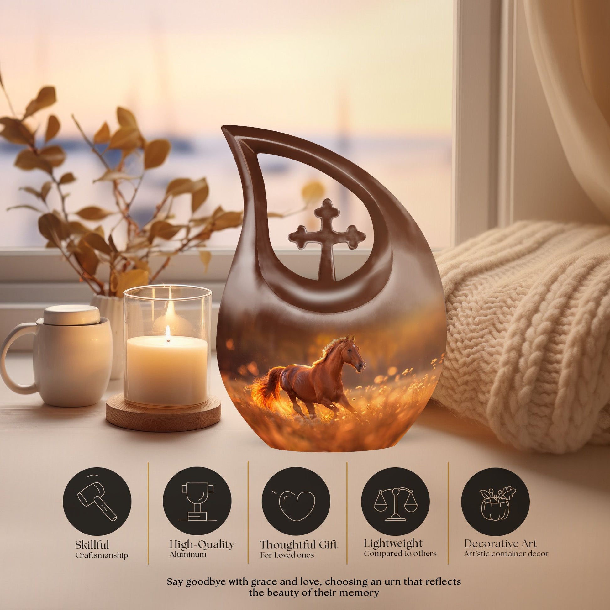 10-inch Running Horse Cross Drop Design Memorial Urn