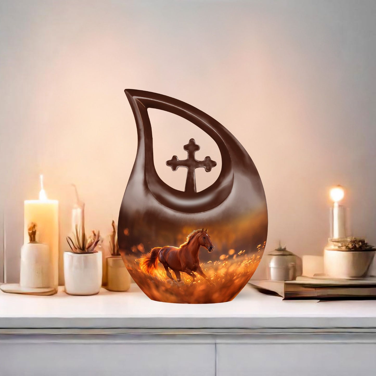 10-inch Running Horse Cross Drop Design Memorial Urn