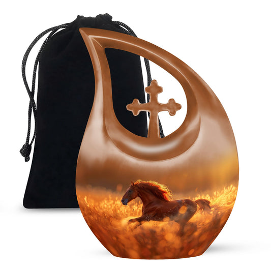 10 inch Running Horse Urn with Cross Drop design