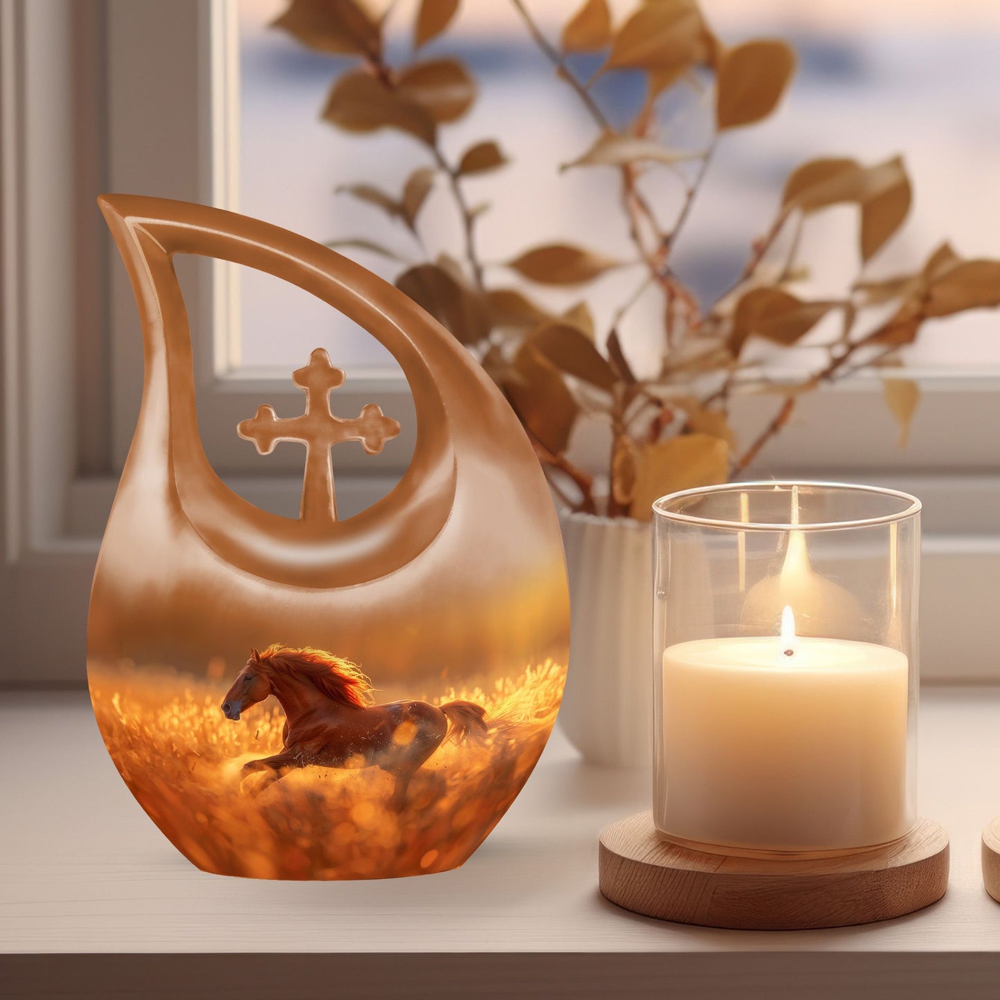 10 inch Running Horse Urn with Cross Drop design