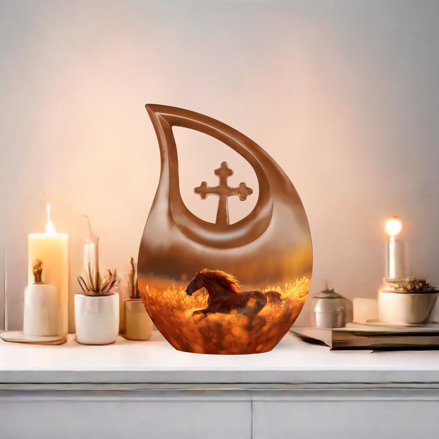 10 inch Running Horse Urn with Cross Drop design