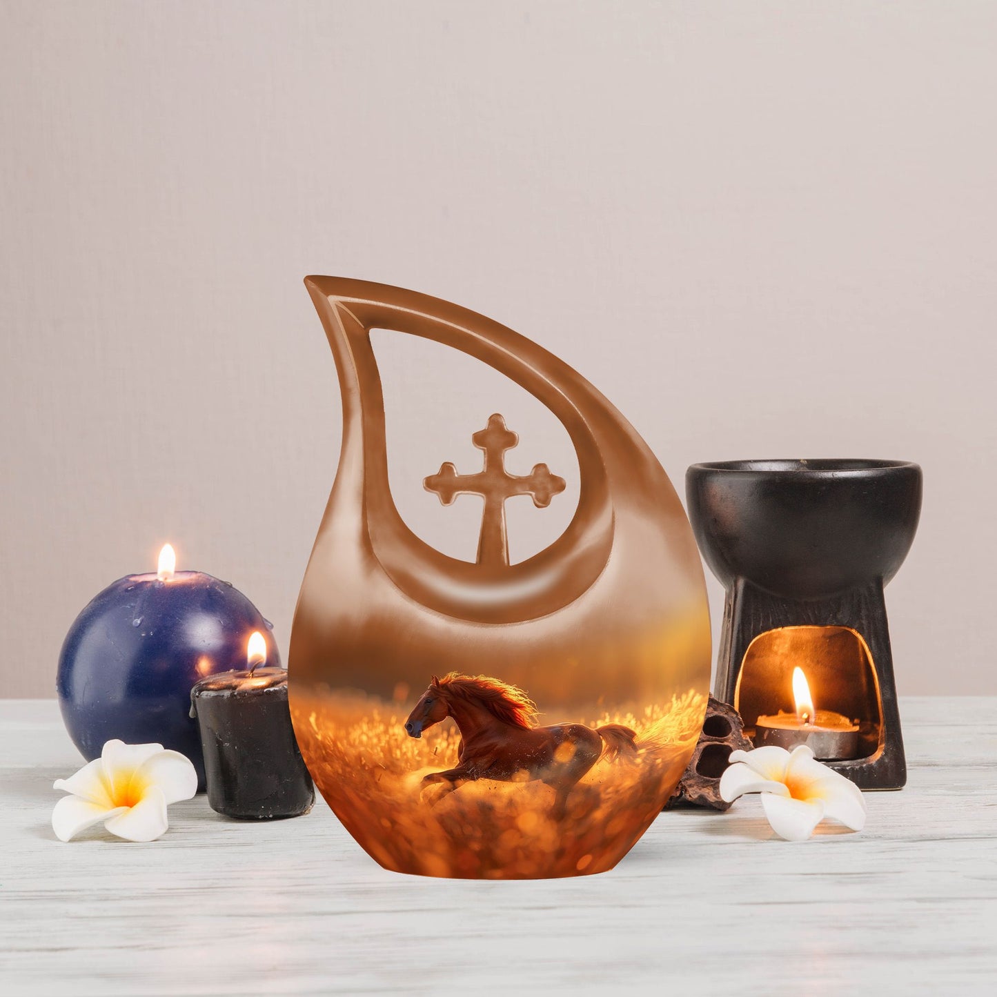 10 inch Running Horse Urn with Cross Drop design