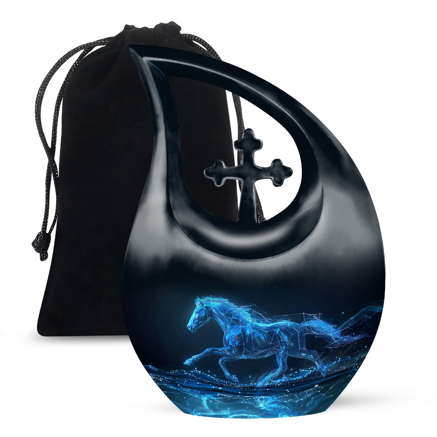 10-inch Aluminum Running Horse Urn with Cross Drop design