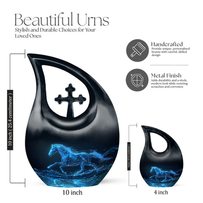 10-inch Aluminum Running Horse Urn with Cross Drop design