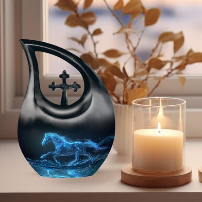 10-inch Aluminum Running Horse Urn with Cross Drop design