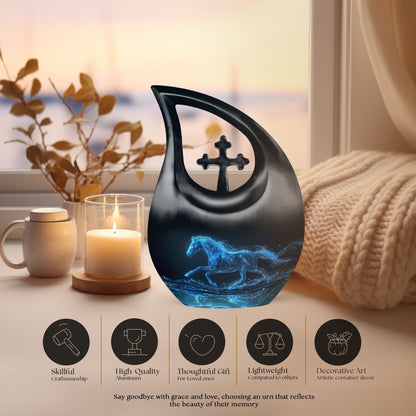 10-inch Aluminum Running Horse Urn with Cross Drop design