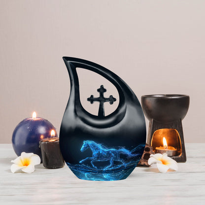 10-inch Aluminum Running Horse Urn with Cross Drop design