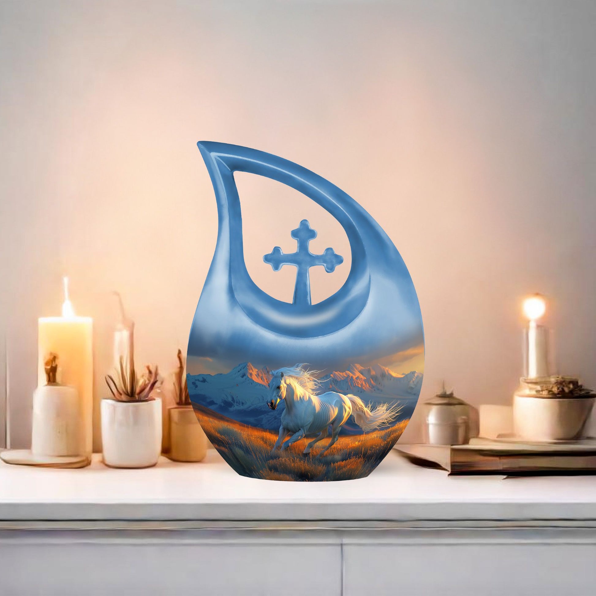 10-inch Cross Drop Running Horse Urn