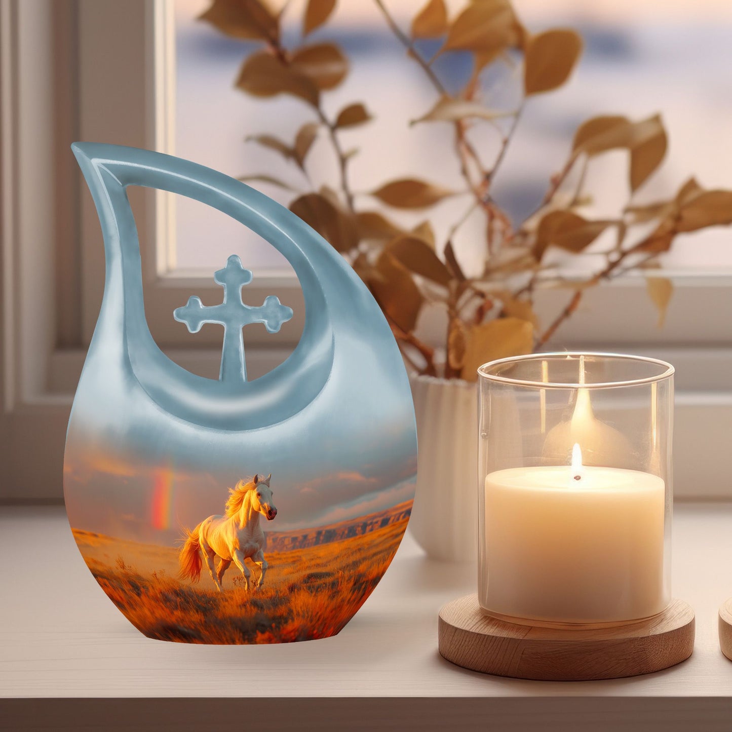 10 inch Running Horse Urn with Cross Drop design