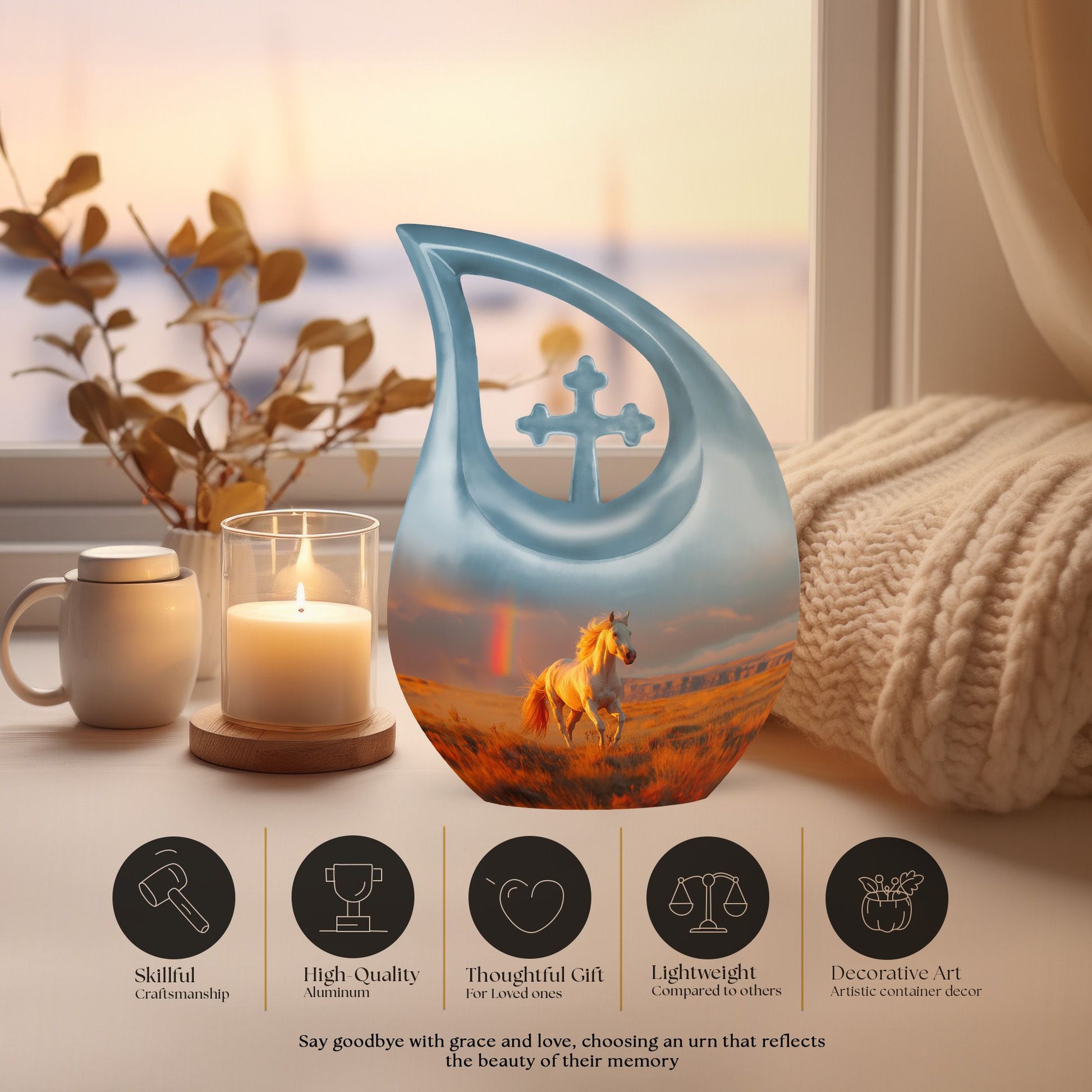 10 inch Running Horse Urn with Cross Drop design