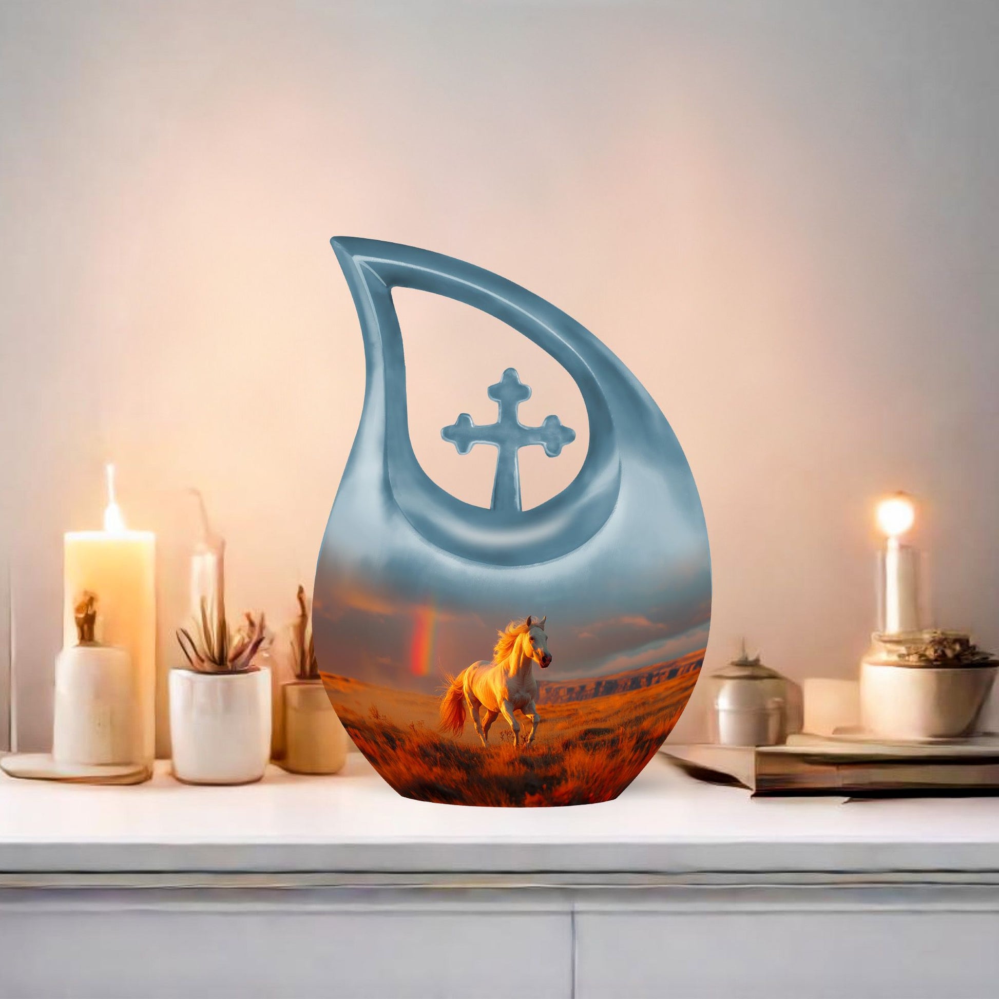 10 inch Running Horse Urn with Cross Drop design