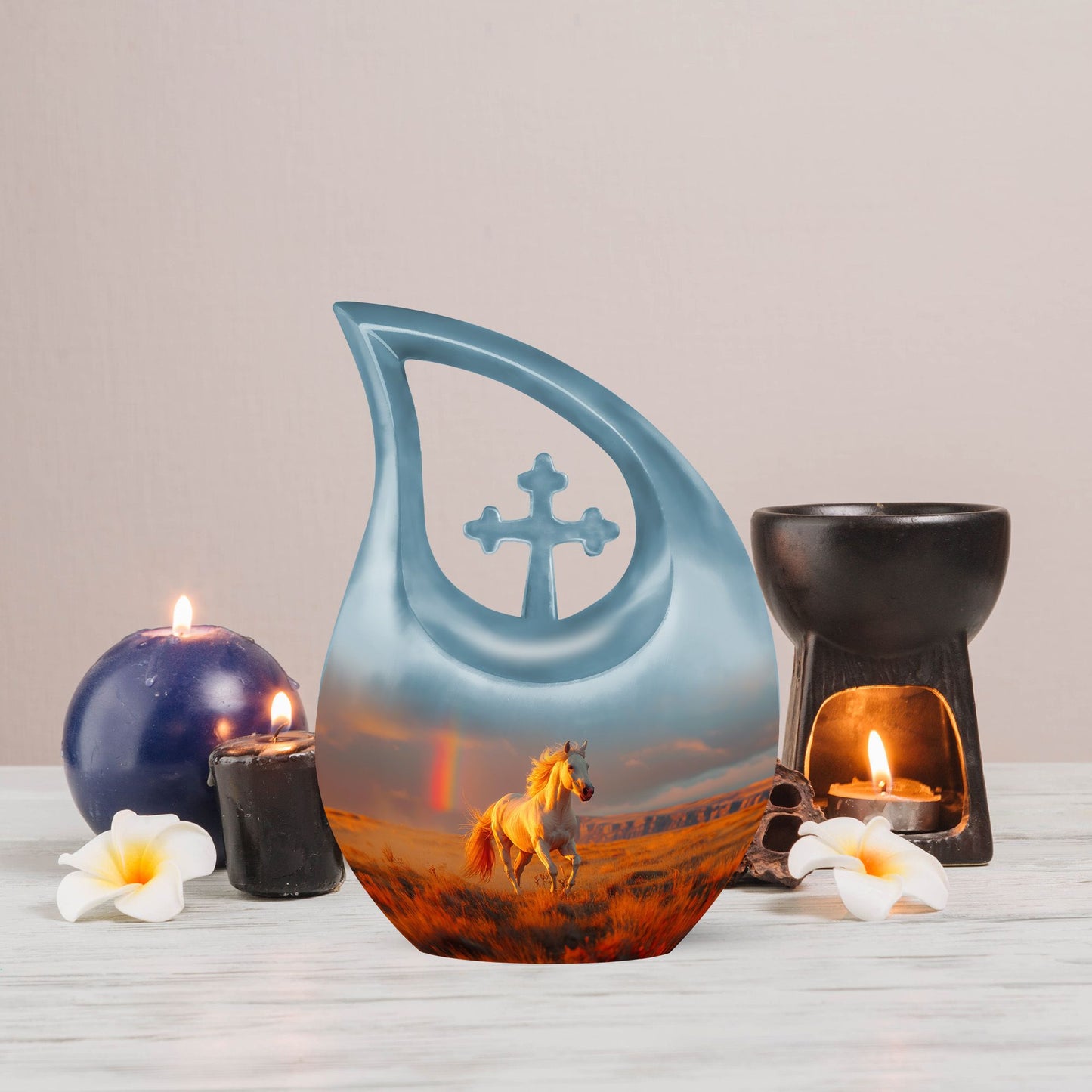 10 inch Running Horse Urn with Cross Drop design