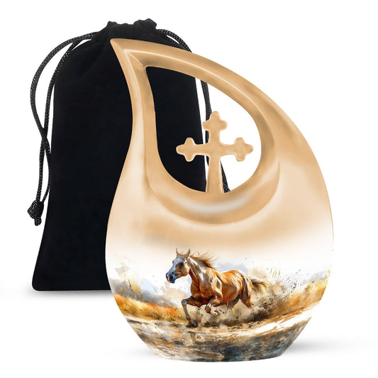 10-inch Cross Drop Design Running Horse Urn for Ashes