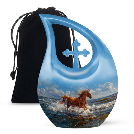 10 inch Running Horse Urn with Cross Drop design