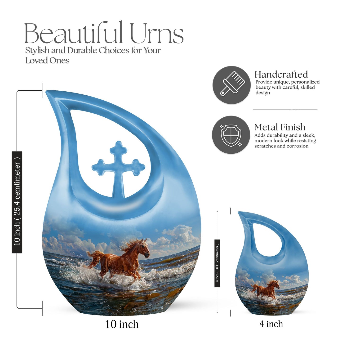 10 inch Running Horse Urn with Cross Drop design