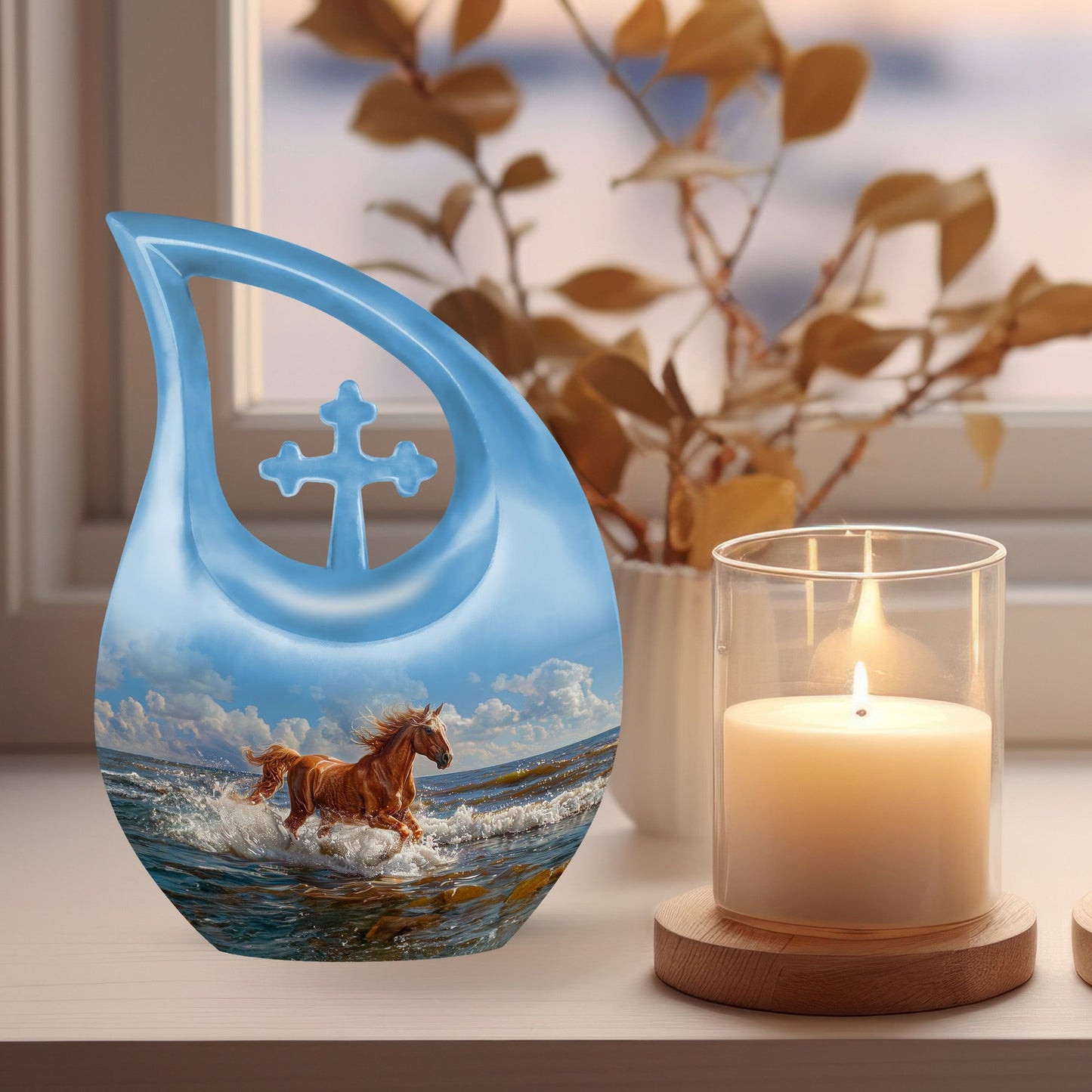 10 inch Running Horse Urn with Cross Drop design