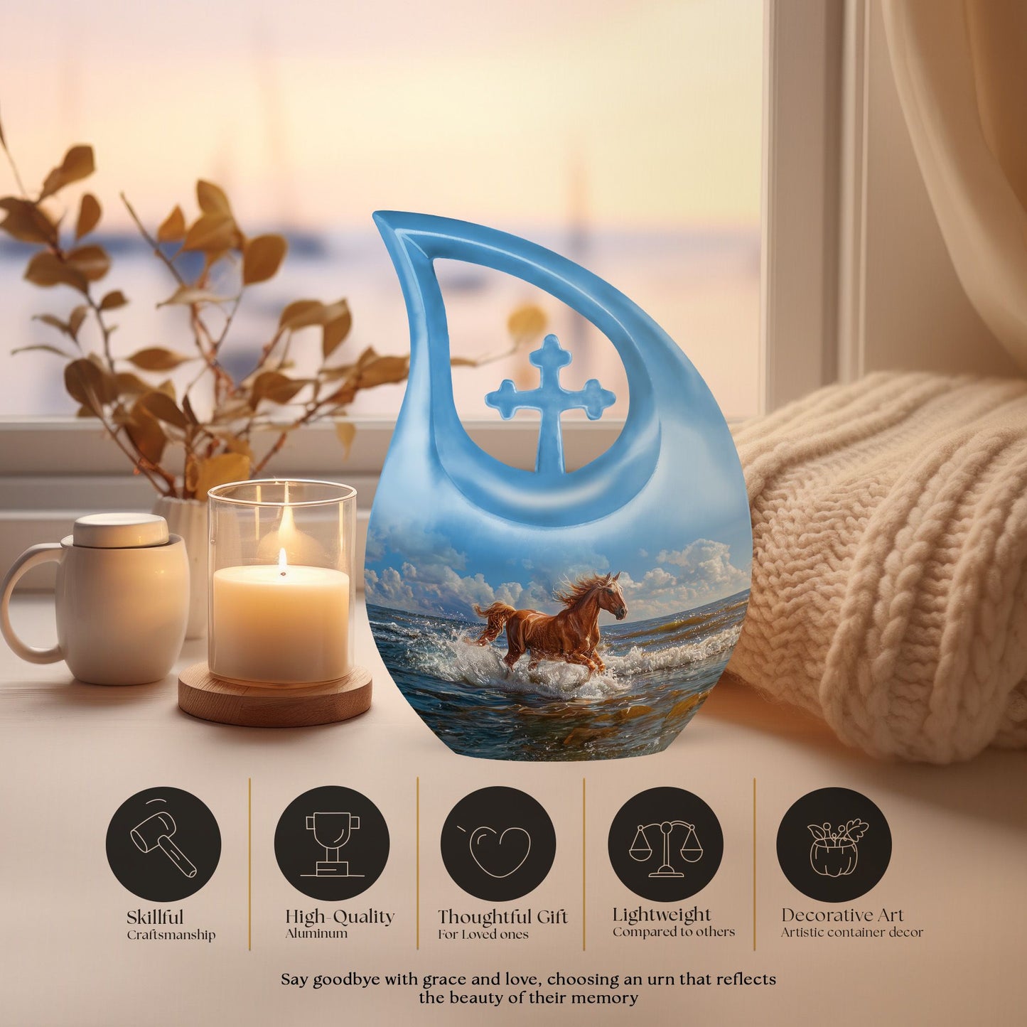 10 inch Running Horse Urn with Cross Drop design