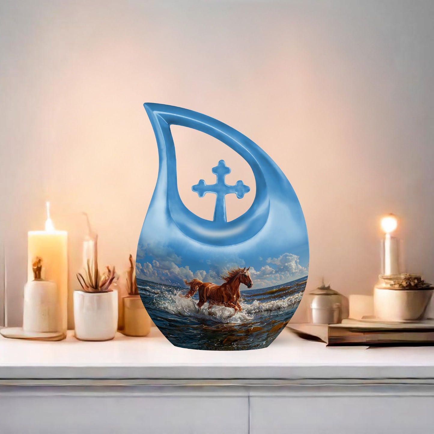 10 inch Running Horse Urn with Cross Drop design