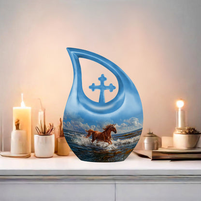 10 inch Running Horse Urn with Cross Drop design