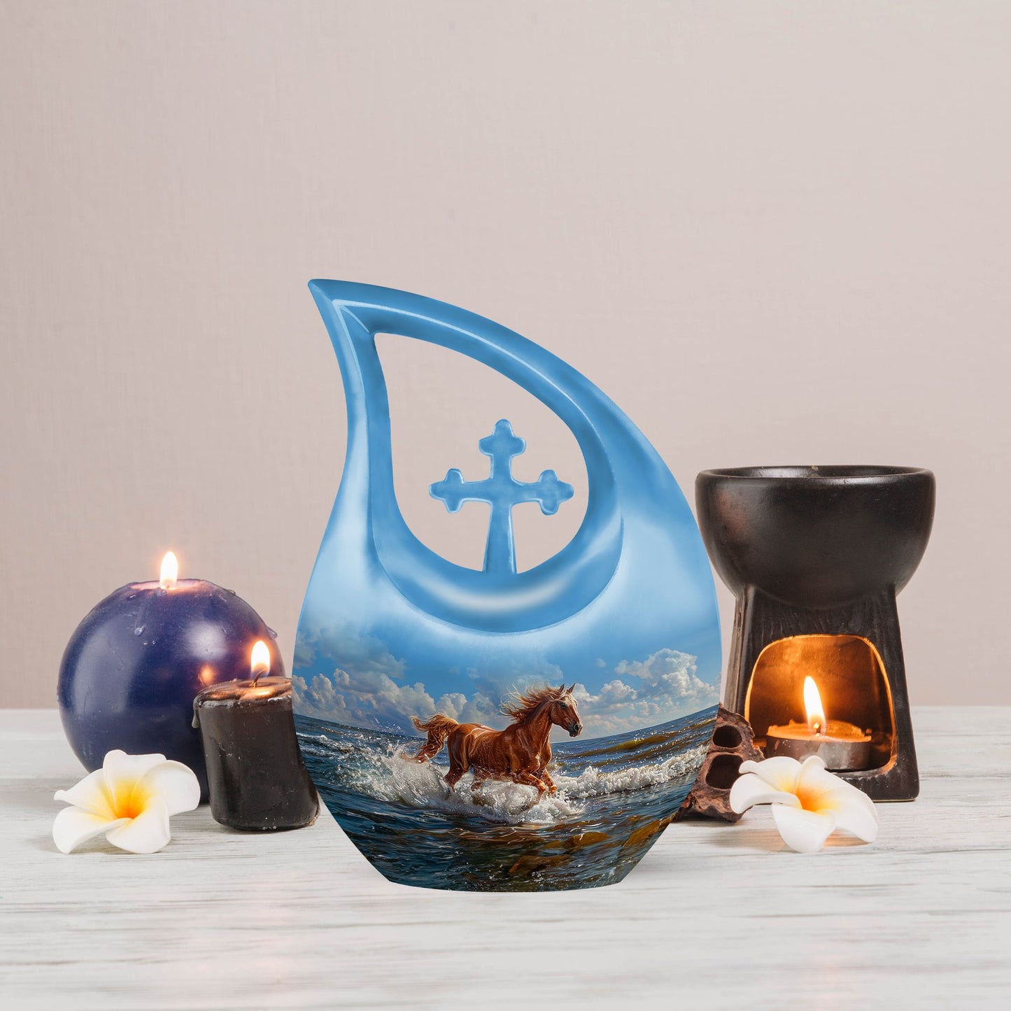 10 inch Running Horse Urn with Cross Drop design