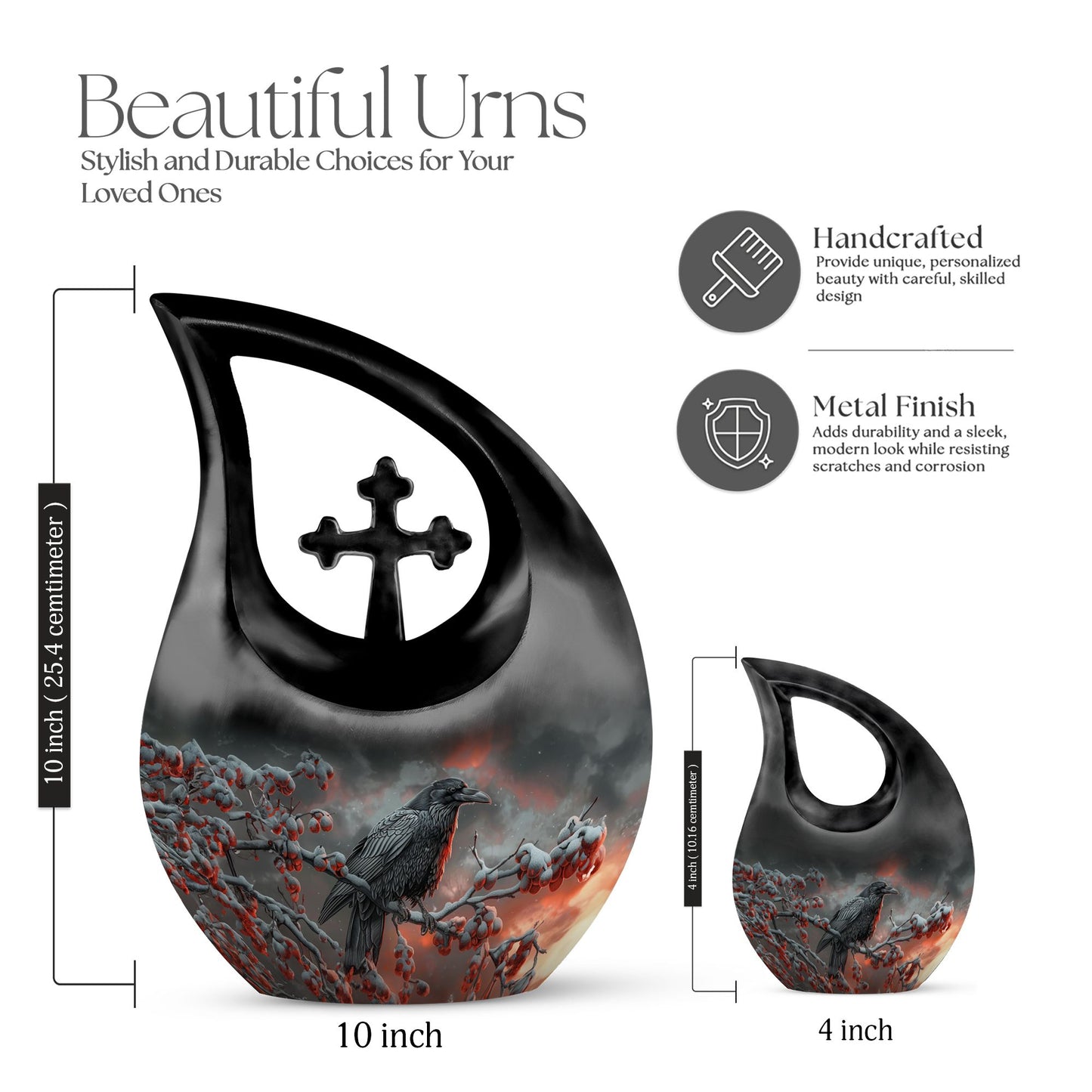 10 Inch Crow Urn with Cross Drop design Urn