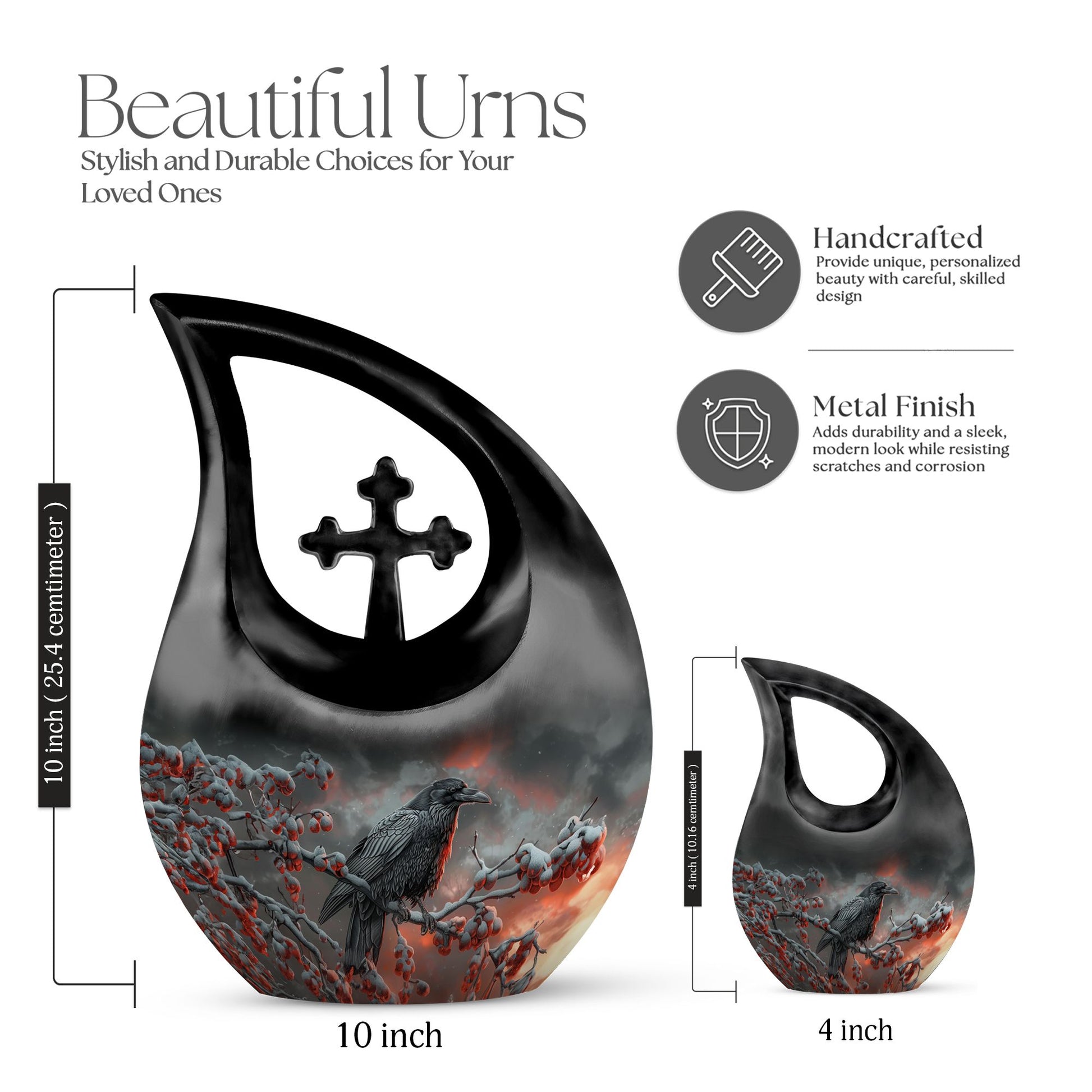 10 Inch Crow Urn with Cross Drop design Urn