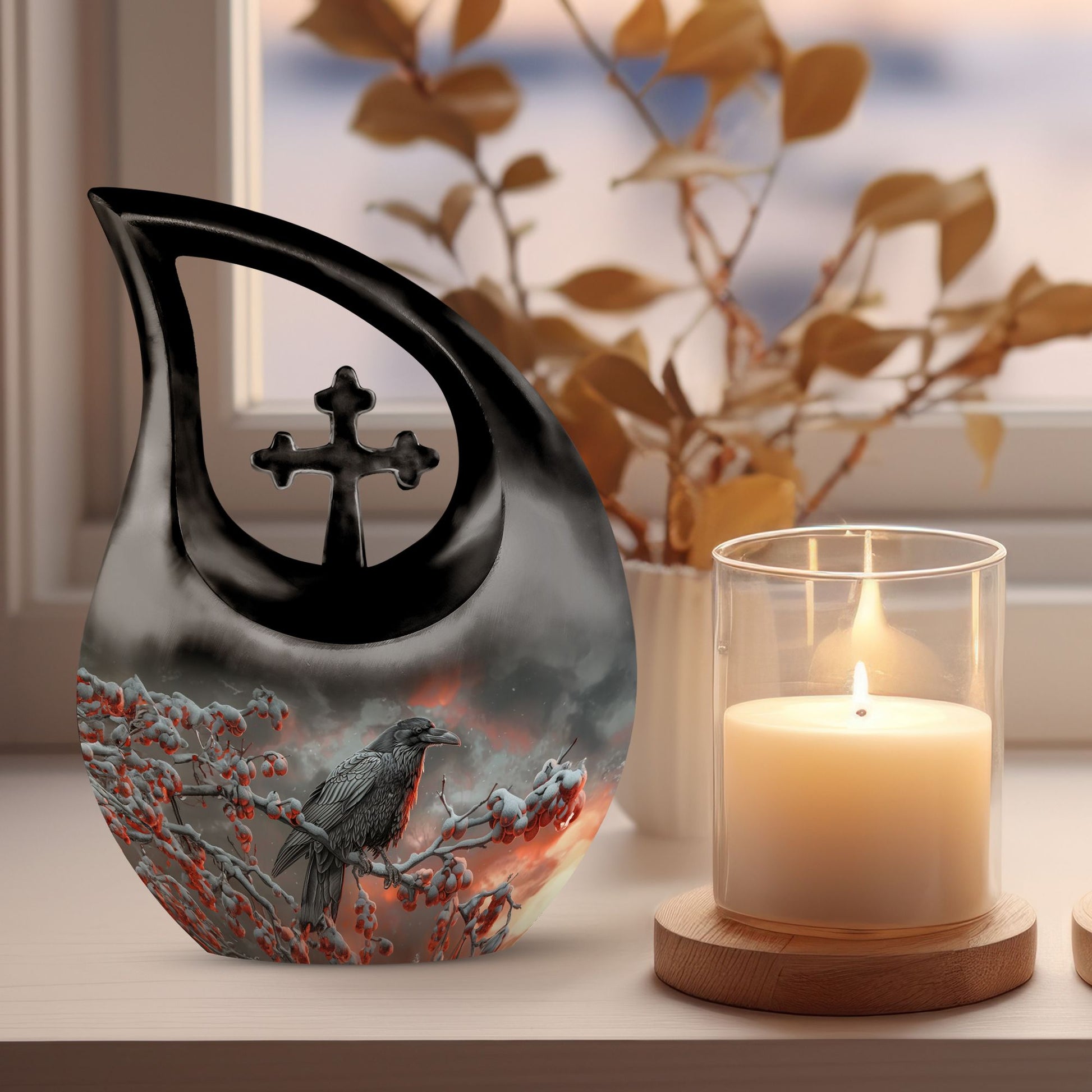 10 Inch Crow Urn with Cross Drop design Urn