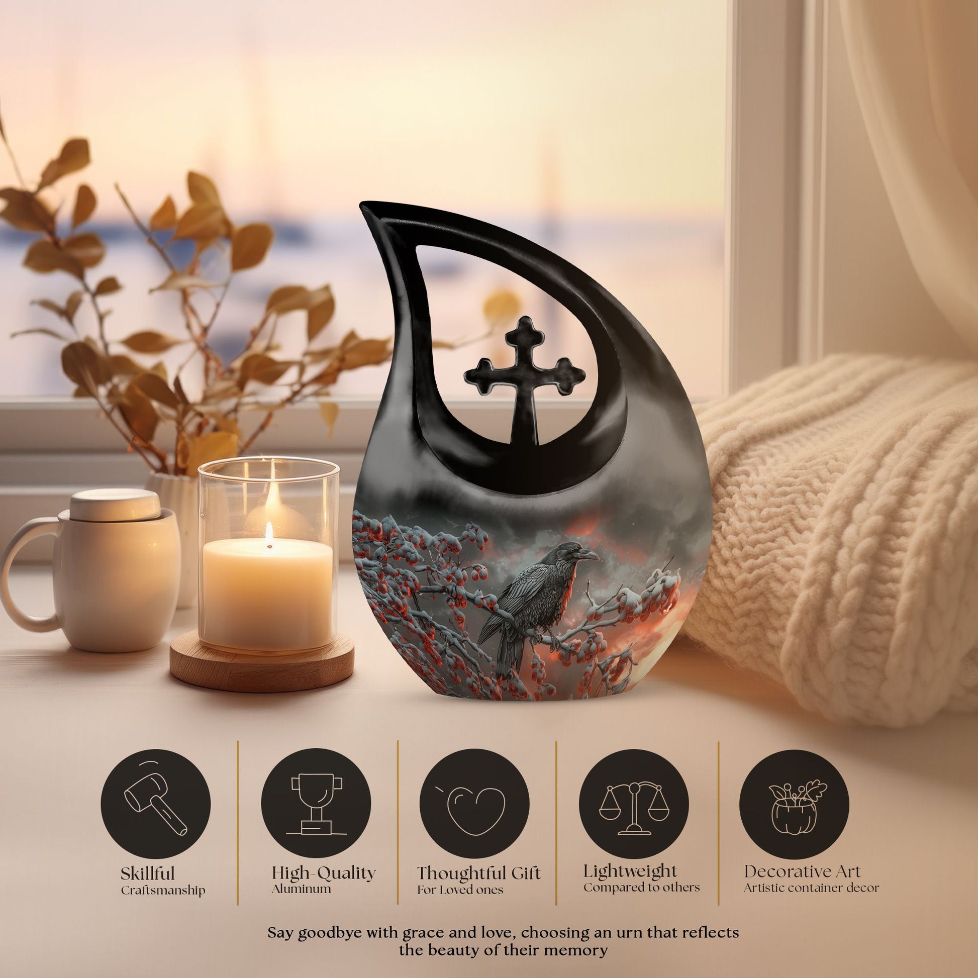 10 Inch Crow Urn with Cross Drop design Urn