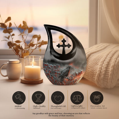 10 Inch Crow Urn with Cross Drop design Urn